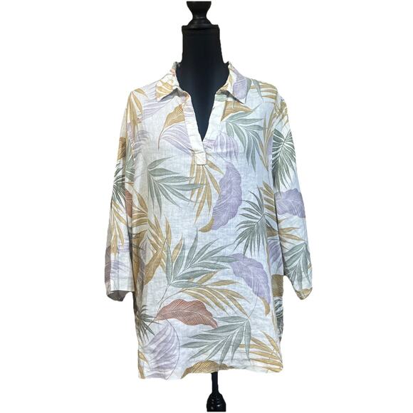 Tahari Linen Popover Blouse Size 1X Tropical Palm Print Coastal Beach Vacation - Picture 1 of 9